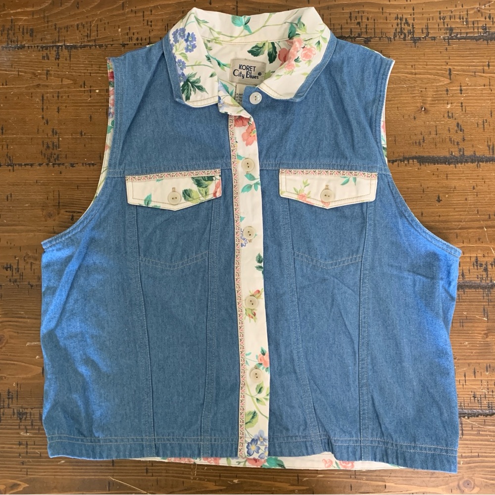 VTG Koret City Blues Floral-Trim Denim Vest